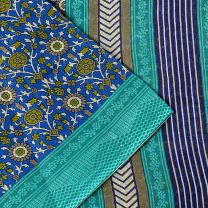 Sanskriti Vintage Blue Pure Cotton Saree Floral Printed Sari 5.5YD Craft Fabric