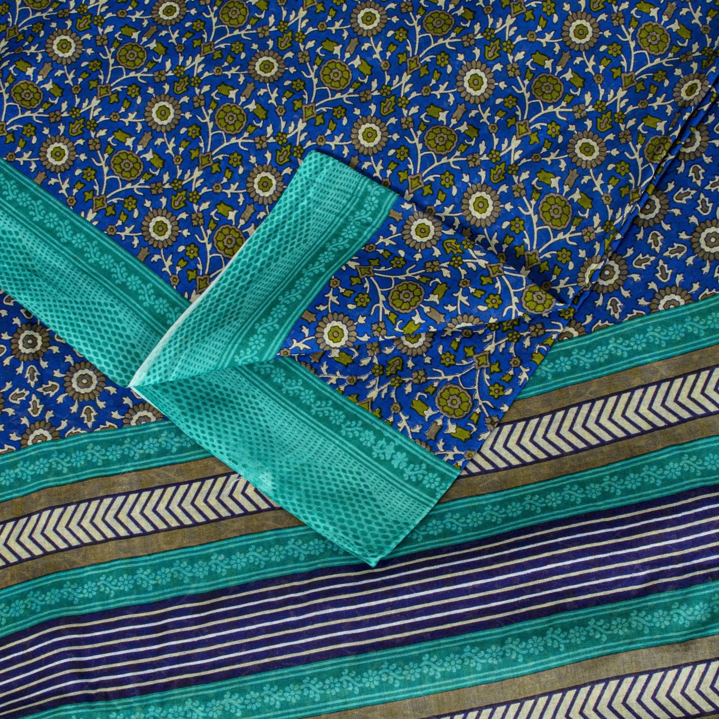 Sanskriti Vintage Blue Pure Cotton Saree Floral Printed Sari 5.5YD Craft Fabric