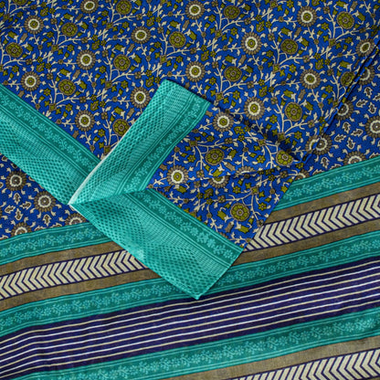 Sanskriti Vintage Blue Pure Cotton Saree Floral Printed Sari 5.5YD Craft Fabric
