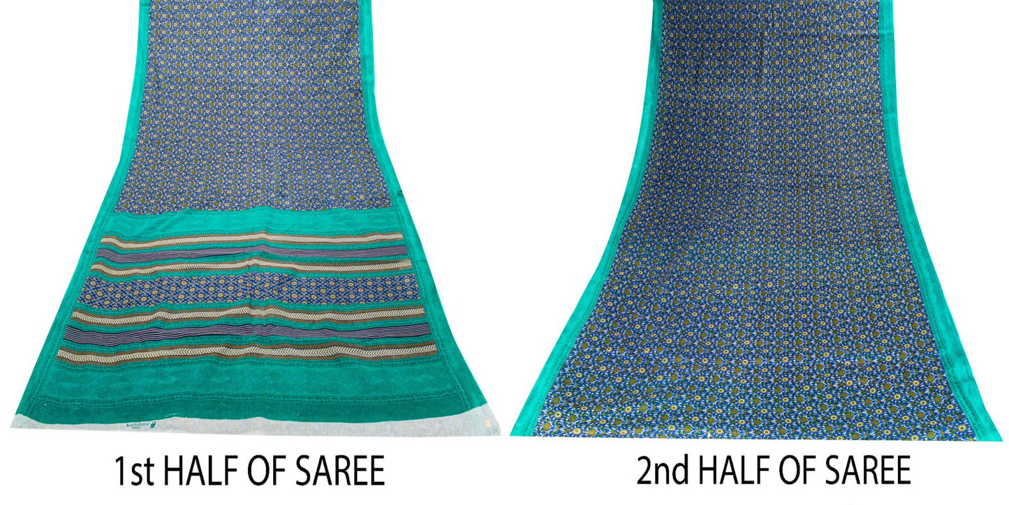 Sanskriti Vintage Blue Pure Cotton Saree Floral Printed Sari 5.5YD Craft Fabric