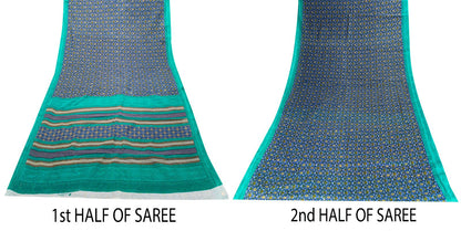 Sanskriti Vintage Blue Pure Cotton Saree Floral Printed Sari 5.5YD Craft Fabric
