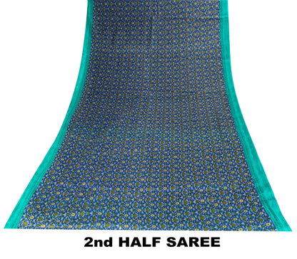Sanskriti Vintage Blue Pure Cotton Saree Floral Printed Sari 5.5YD Craft Fabric