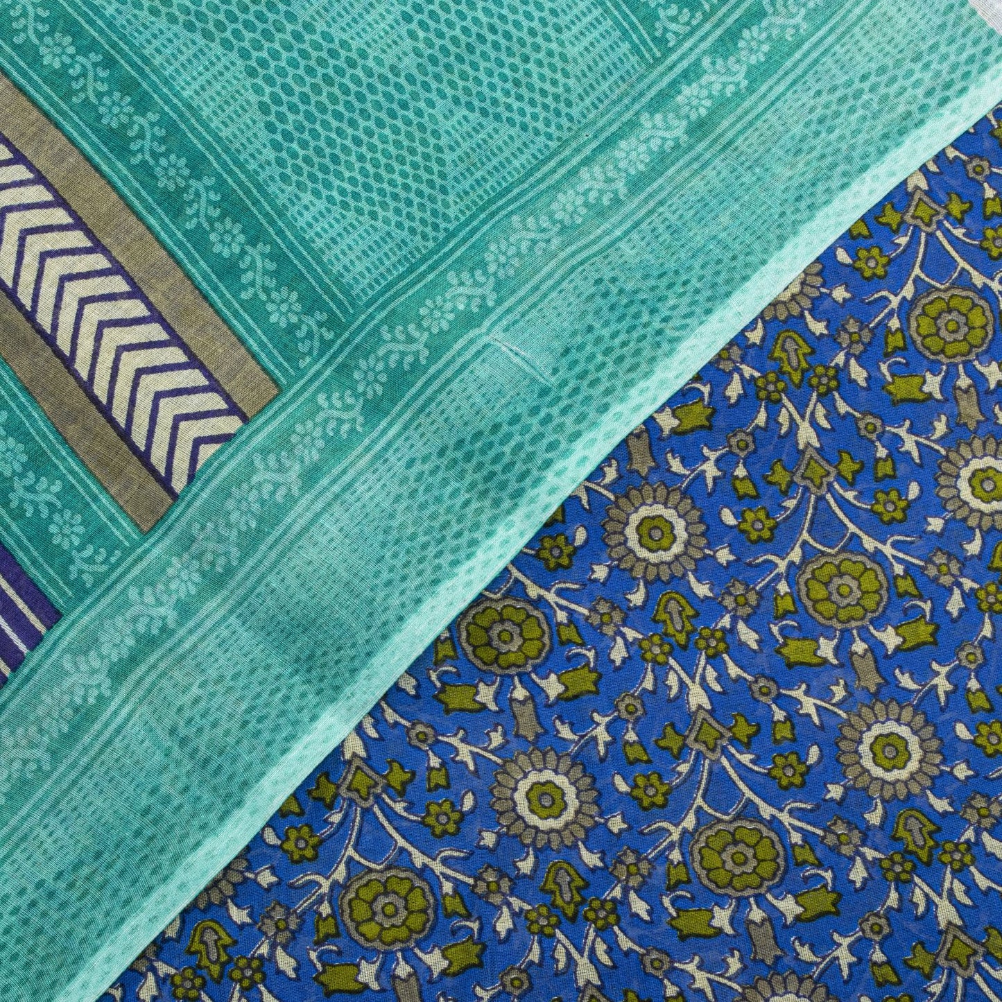 Sanskriti Vintage Blue Pure Cotton Saree Floral Printed Sari 5.5YD Craft Fabric