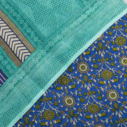 Sanskriti Vintage Blue Pure Cotton Saree Floral Printed Sari 5.5YD Craft Fabric