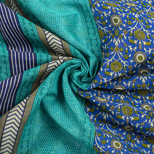 Sanskriti Vintage Blue Pure Cotton Saree Floral Printed Sari 5.5YD Craft Fabric