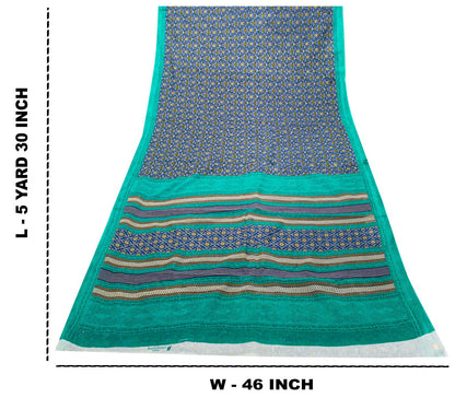 Sanskriti Vintage Blue Pure Cotton Saree Floral Printed Sari 5.5YD Craft Fabric