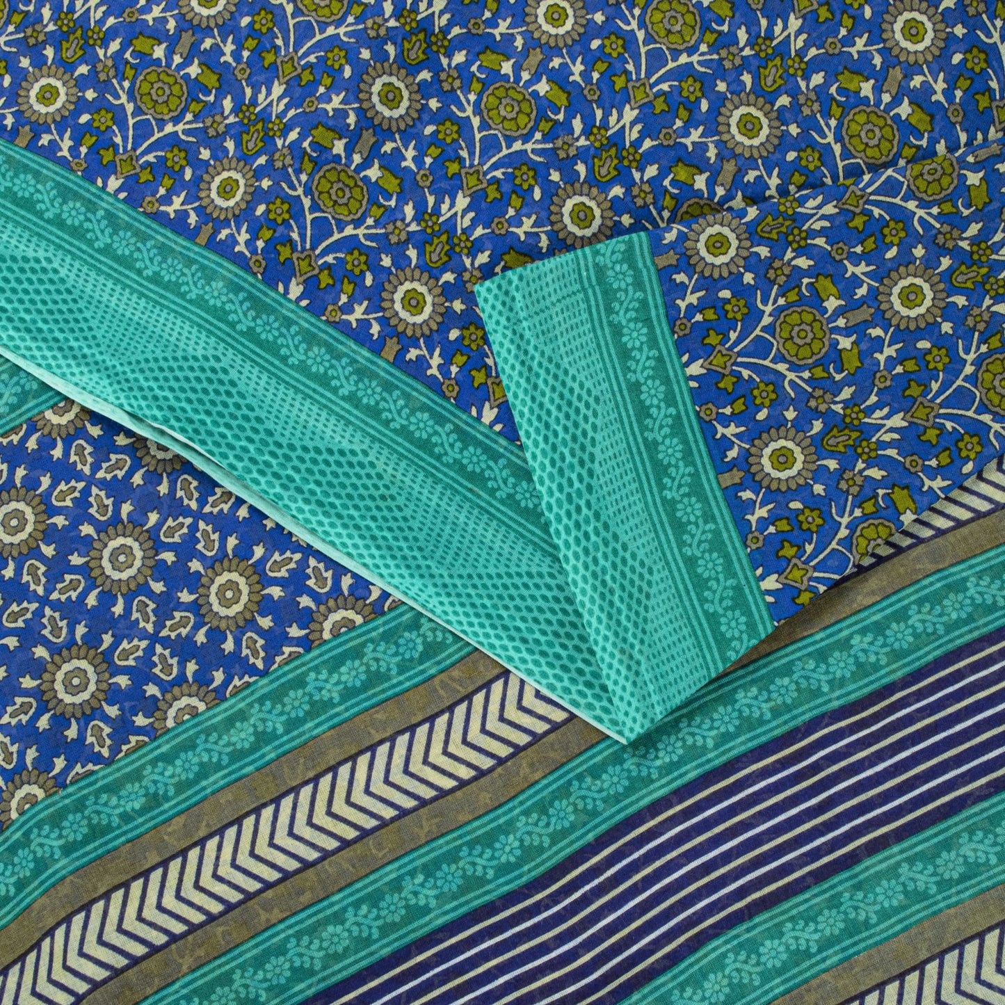 Sanskriti Vintage Blue Pure Cotton Saree Floral Printed Sari 5.5YD Craft Fabric