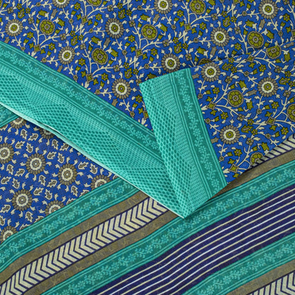 Sanskriti Vintage Blue Pure Cotton Saree Floral Printed Sari 5.5YD Craft Fabric