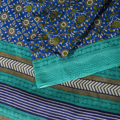 Sanskriti Vintage Blue Pure Cotton Saree Floral Printed Sari 5.5YD Craft Fabric