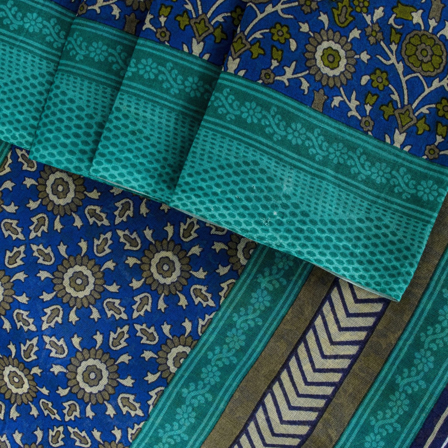 Sanskriti Vintage Blue Pure Cotton Saree Floral Printed Sari 5.5YD Craft Fabric