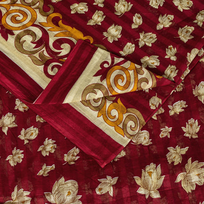 Sanskriti Vintage Red Pure Cotton Saree Floral Digital Printed Sari 5.5YD Craft