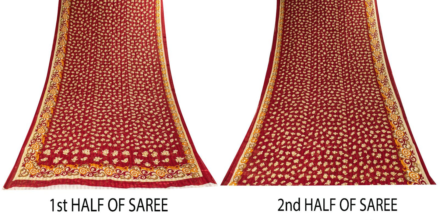 Sanskriti Vintage Red Pure Cotton Saree Floral Digital Printed Sari 5.5YD Craft