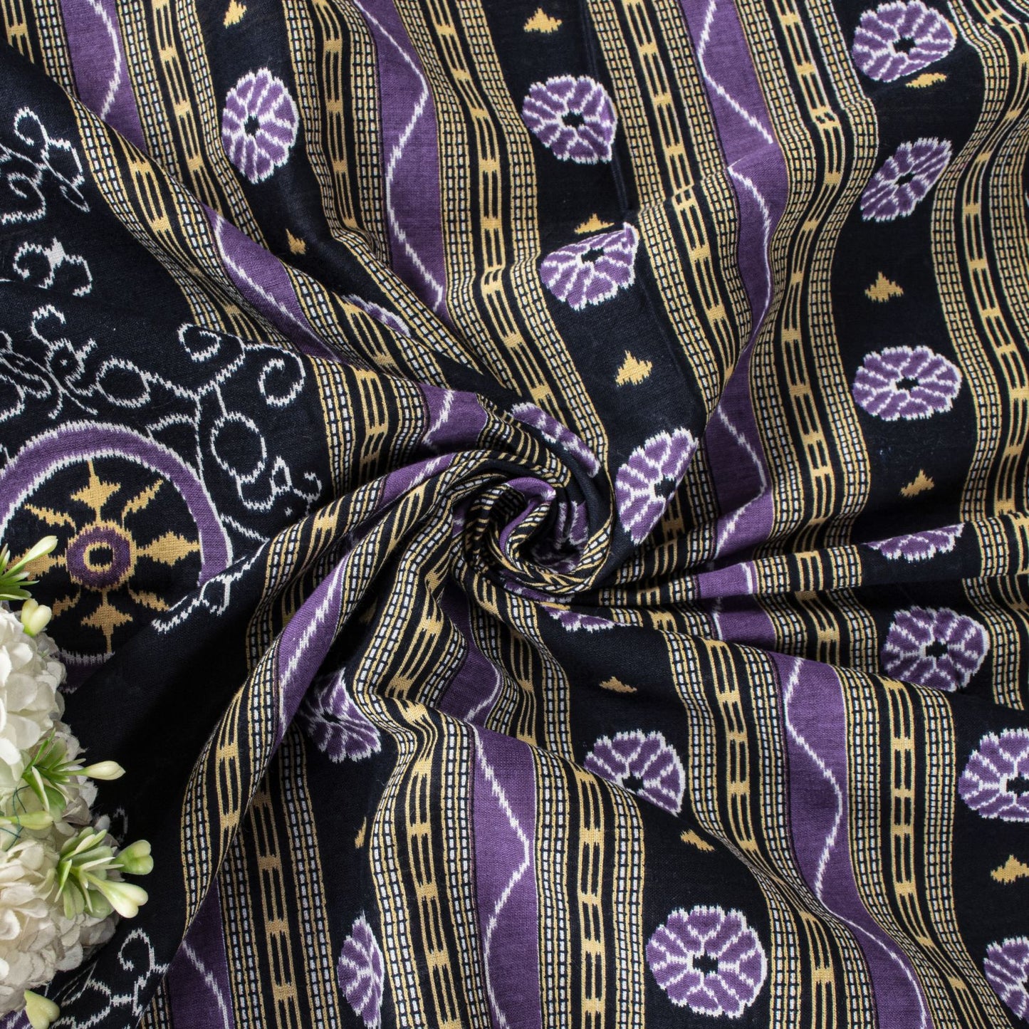 Sanskriti Vintage Black-Purple Pure Cotton Saree Floral Ikat Printed Sari 5.5YD