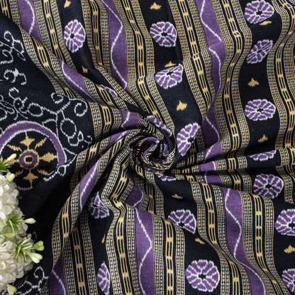 Sanskriti Vintage Black-Purple Pure Cotton Saree Floral Ikat Printed Sari 5.5YD