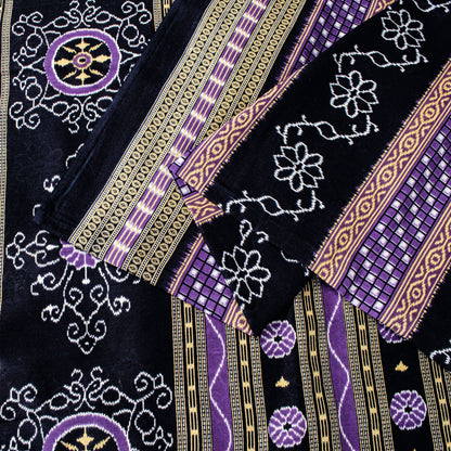 Sanskriti Vintage Black-Purple Pure Cotton Saree Floral Ikat Printed Sari 5.5YD
