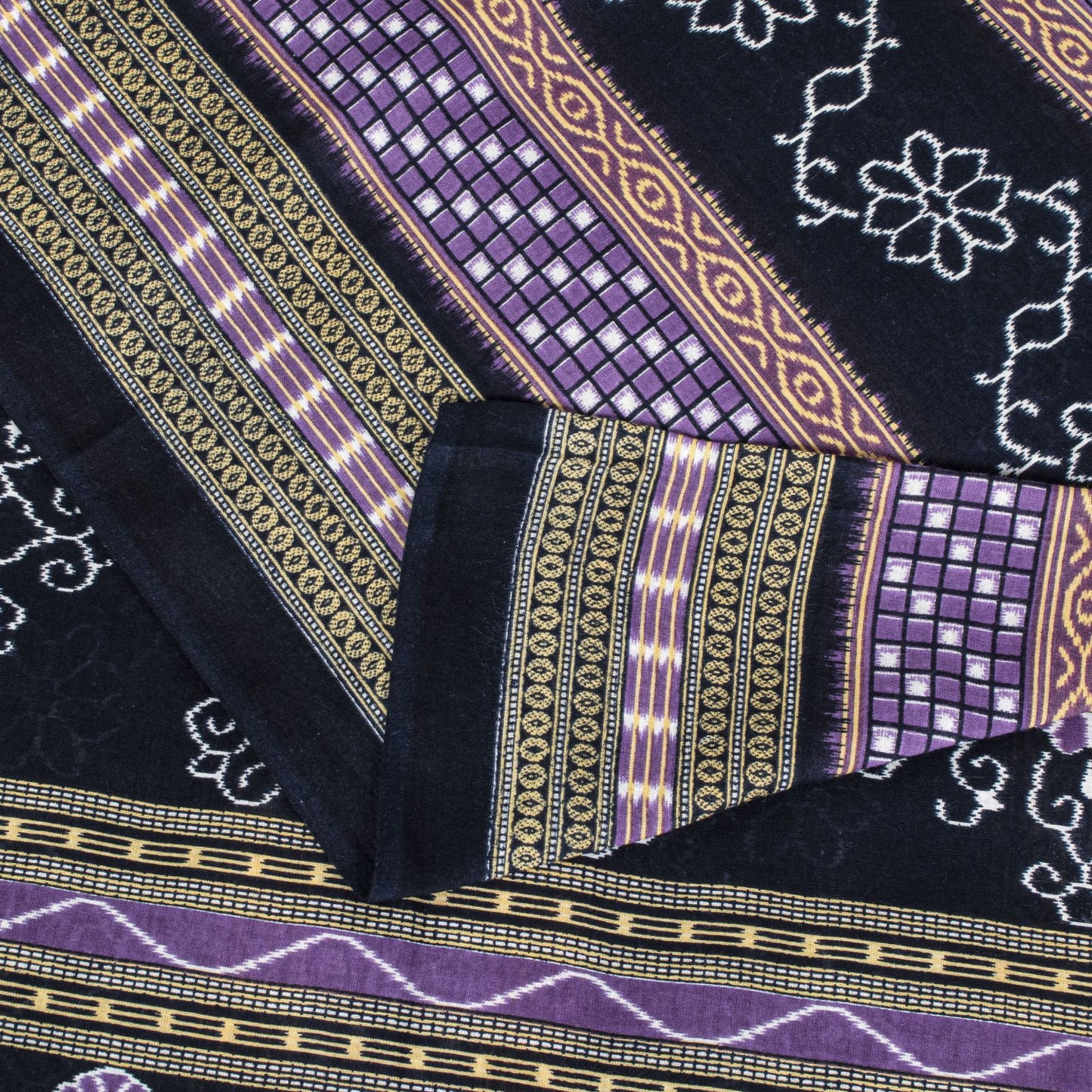 Sanskriti Vintage Black-Purple Pure Cotton Saree Floral Ikat Printed Sari 5.5YD