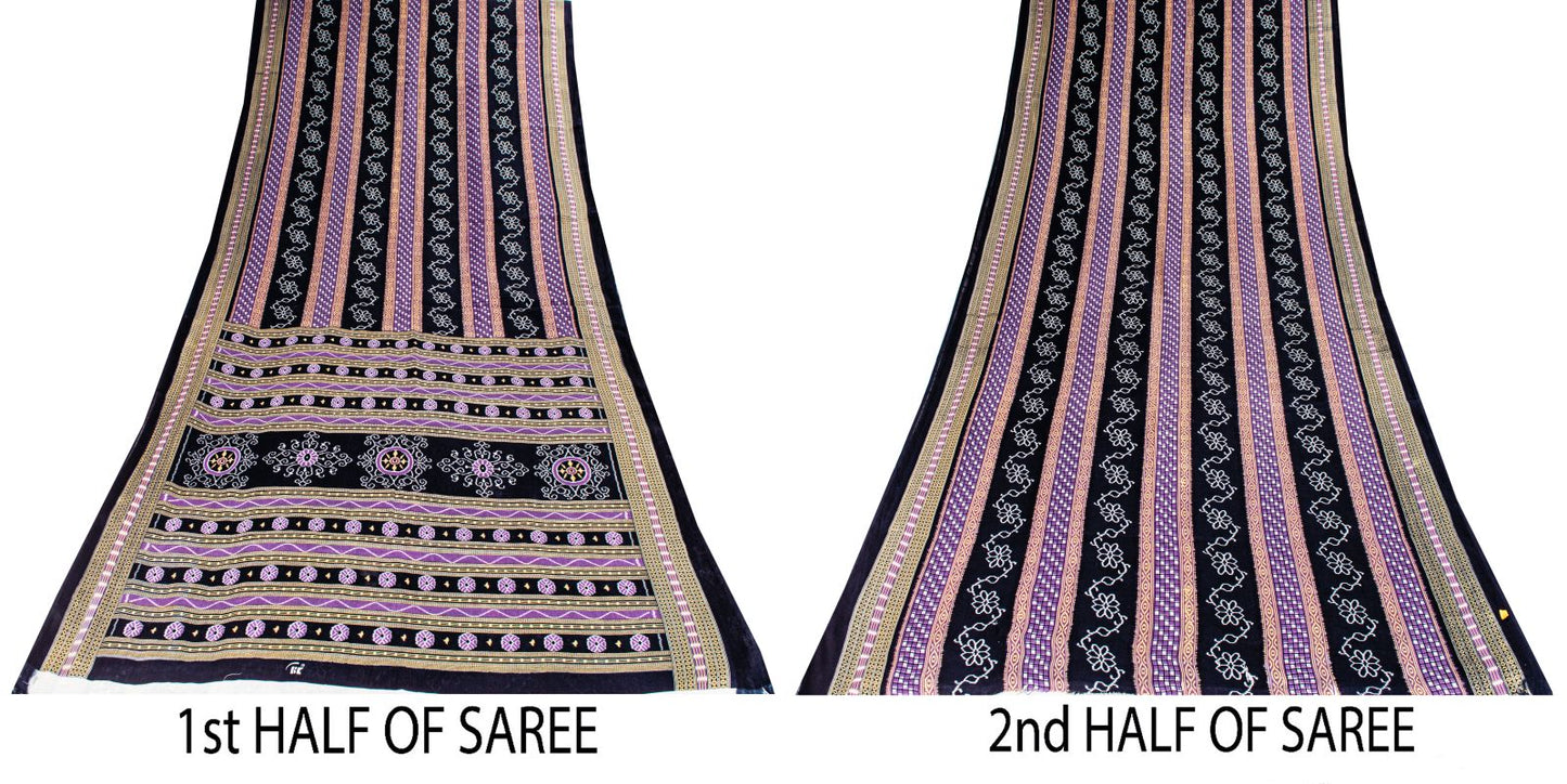 Sanskriti Vintage Black-Purple Pure Cotton Saree Floral Ikat Printed Sari 5.5YD