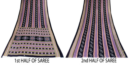 Sanskriti Vintage Black-Purple Pure Cotton Saree Floral Ikat Printed Sari 5.5YD