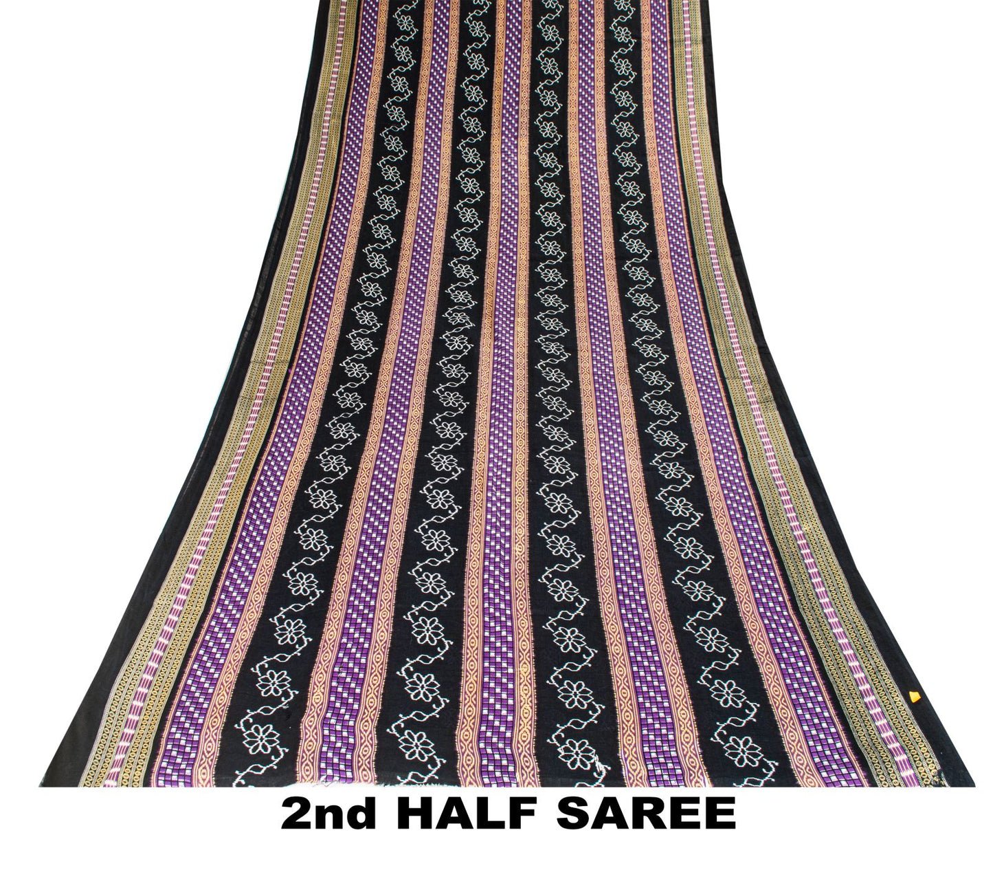 Sanskriti Vintage Black-Purple Pure Cotton Saree Floral Ikat Printed Sari 5.5YD