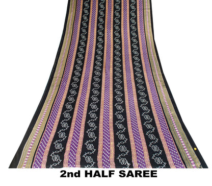 Sanskriti Vintage Black-Purple Pure Cotton Saree Floral Ikat Printed Sari 5.5YD