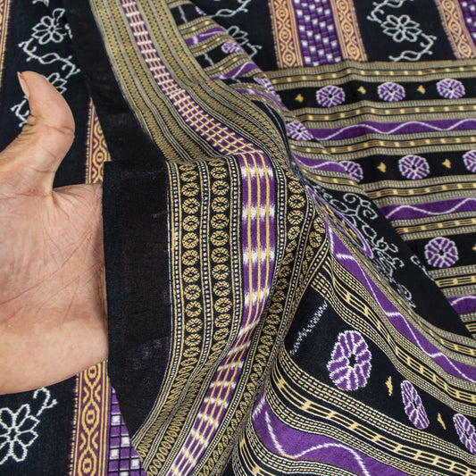 Sanskriti Vintage Black-Purple Pure Cotton Saree Floral Ikat Printed Sari 5.5YD