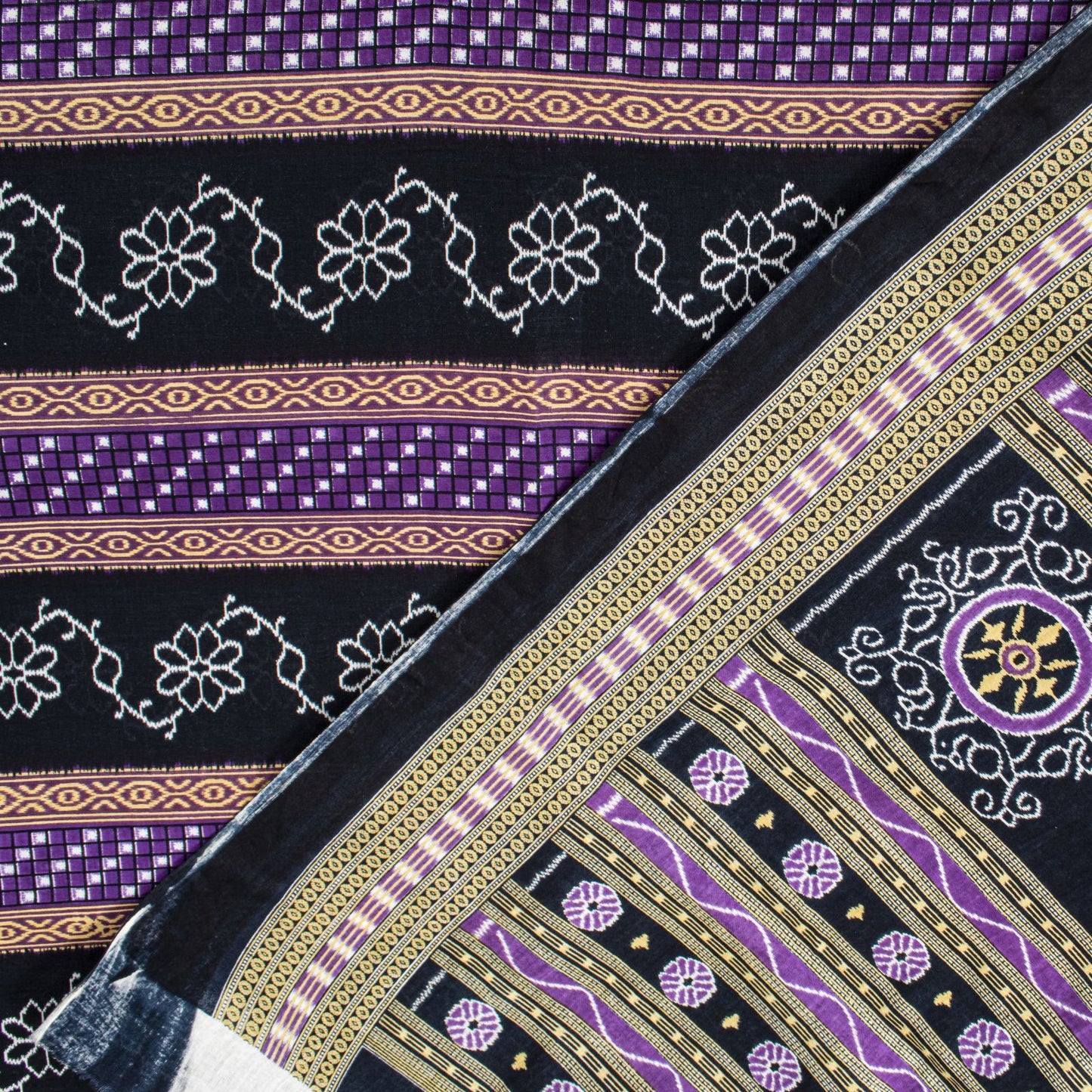 Sanskriti Vintage Black-Purple Pure Cotton Saree Floral Ikat Printed Sari 5.5YD