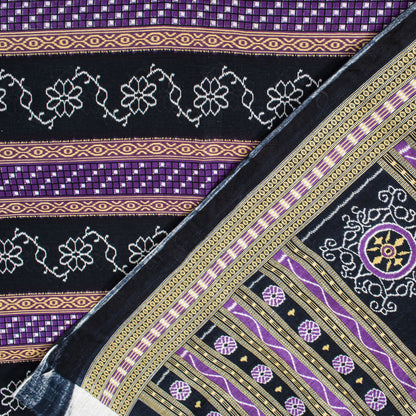 Sanskriti Vintage Black-Purple Pure Cotton Saree Floral Ikat Printed Sari 5.5YD