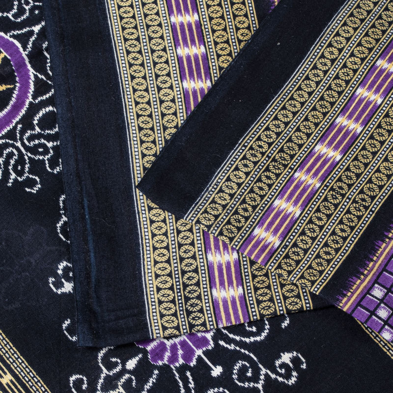 Sanskriti Vintage Black-Purple Pure Cotton Saree Floral Ikat Printed Sari 5.5YD