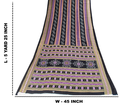 Sanskriti Vintage Black-Purple Pure Cotton Saree Floral Ikat Printed Sari 5.5YD