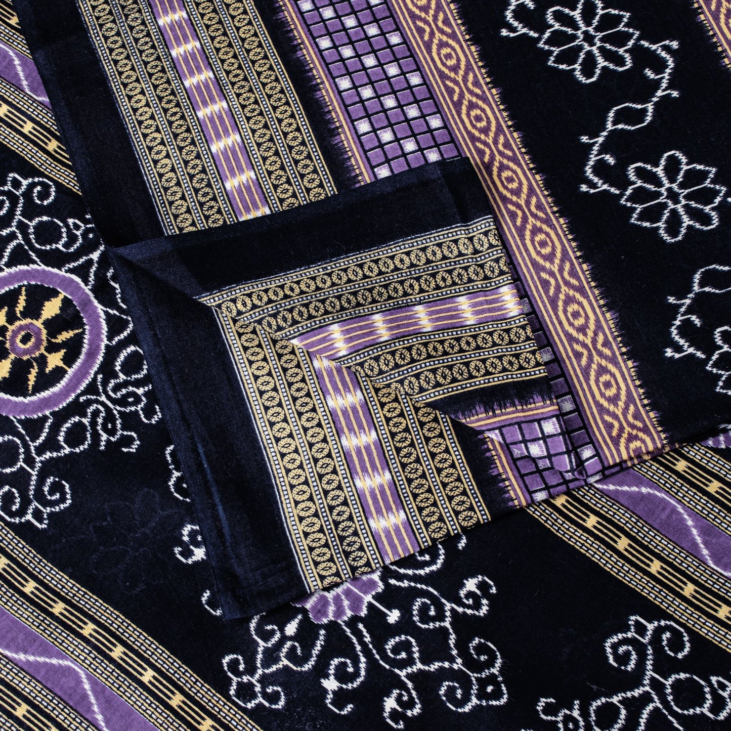 Sanskriti Vintage Black-Purple Pure Cotton Saree Floral Ikat Printed Sari 5.5YD