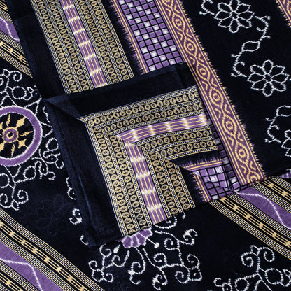 Sanskriti Vintage Black-Purple Pure Cotton Saree Floral Ikat Printed Sari 5.5YD