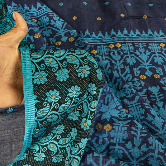 Sanskriti Vintage Blue Pure Cotton Saree Floral Type OF Jamdani Woven Sari 5.5YD