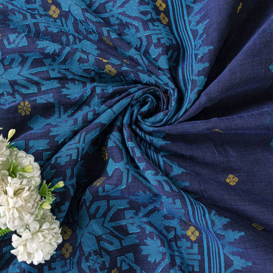 Sanskriti Vintage Blue Pure Cotton Saree Floral Type OF Jamdani Woven Sari 5.5YD
