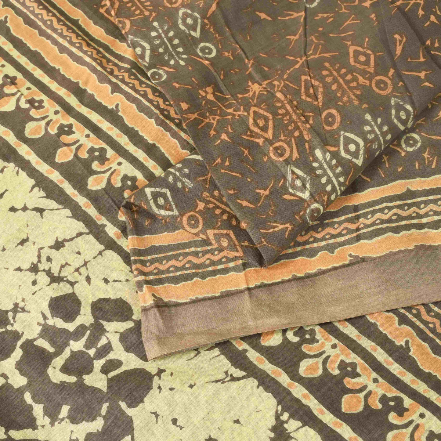 Sanskriti Vintage Saree Brown Pure Cotton Batik Abstract Print Sari 5+Yd Fabric