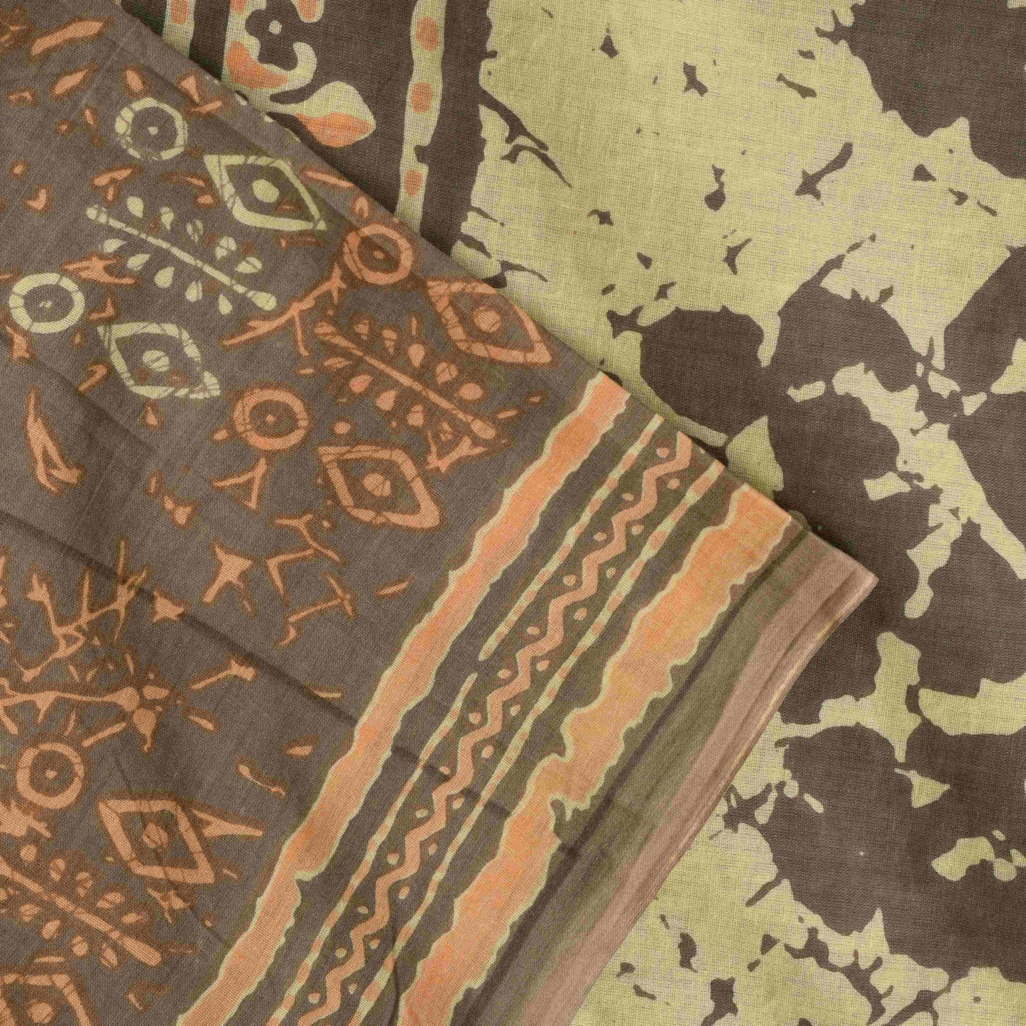 Sanskriti Vintage Saree Brown Pure Cotton Batik Abstract Print Sari 5+Yd Fabric