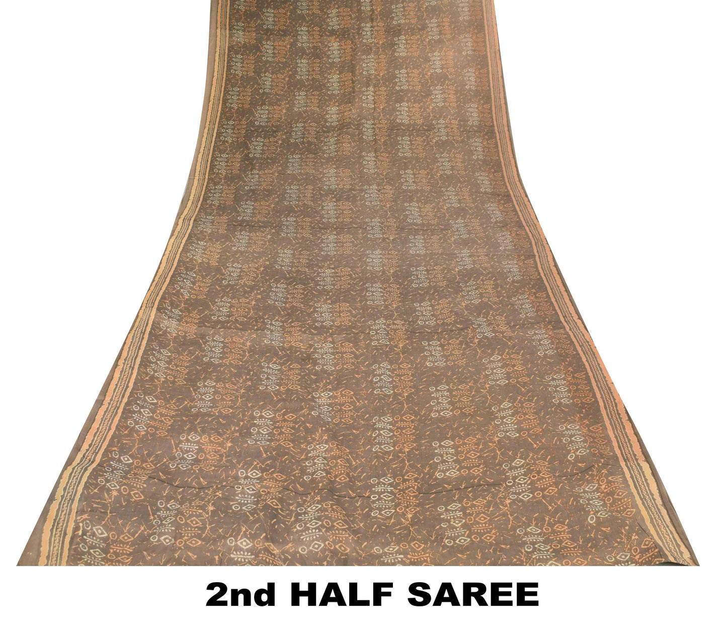 Sanskriti Vintage Saree Brown Pure Cotton Batik Abstract Print Sari 5+Yd Fabric