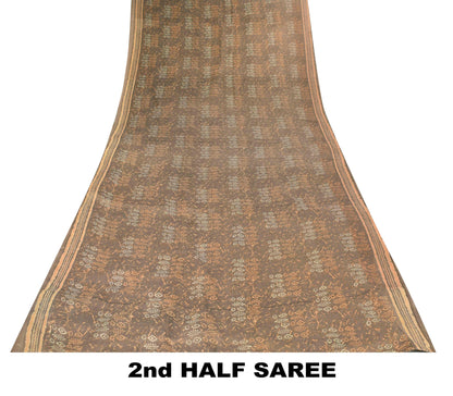 Sanskriti Vintage Saree Brown Pure Cotton Batik Abstract Print Sari 5+Yd Fabric
