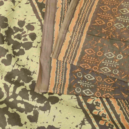Sanskriti Vintage Saree Brown Pure Cotton Batik Abstract Print Sari 5+Yd Fabric