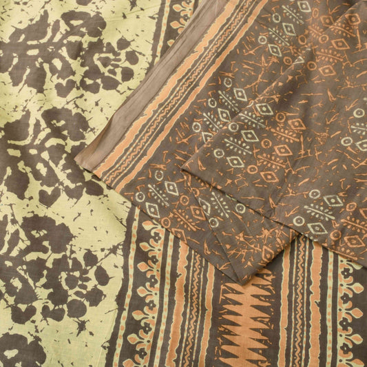 Sanskriti Vintage Saree Brown Pure Cotton Batik Abstract Print Sari 5+Yd Fabric