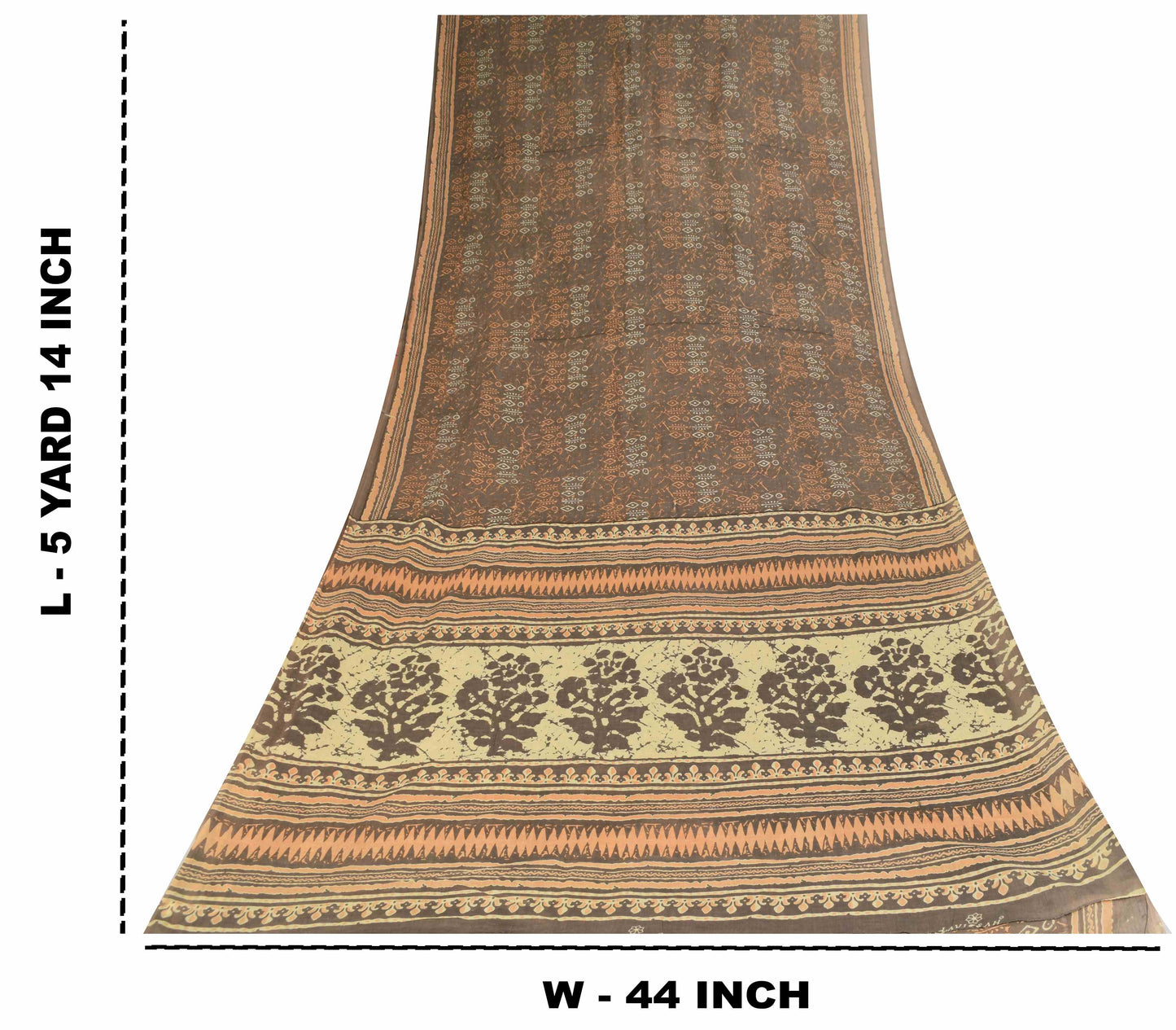 Sanskriti Vintage Saree Brown Pure Cotton Batik Abstract Print Sari 5+Yd Fabric
