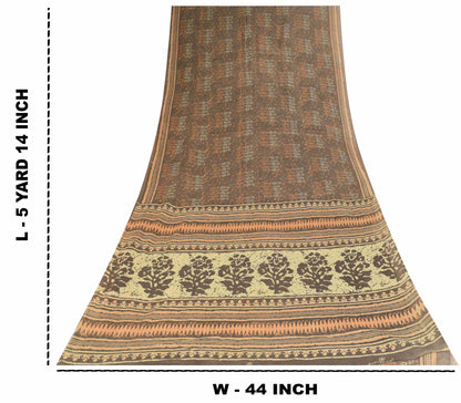 Sanskriti Vintage Saree Brown Pure Cotton Batik Abstract Print Sari 5+Yd Fabric