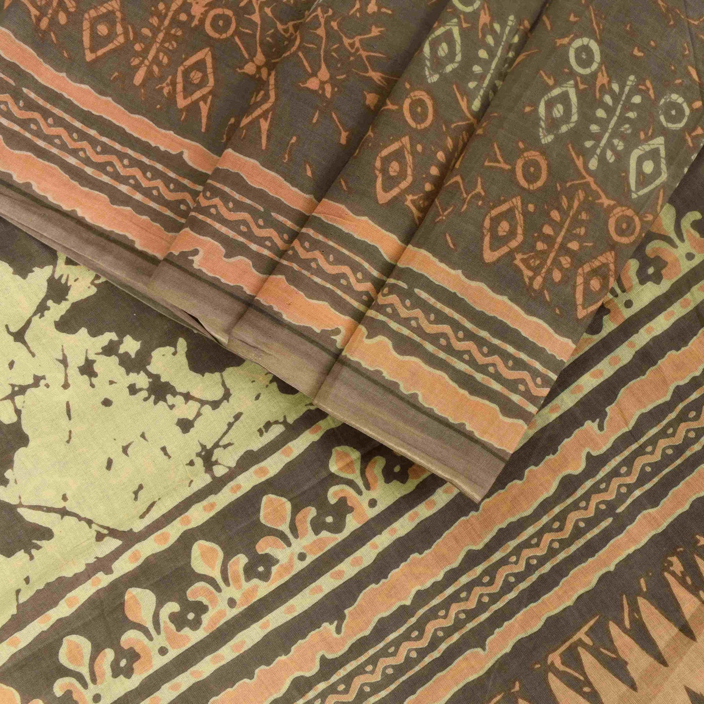 Sanskriti Vintage Saree Brown Pure Cotton Batik Abstract Print Sari 5+Yd Fabric