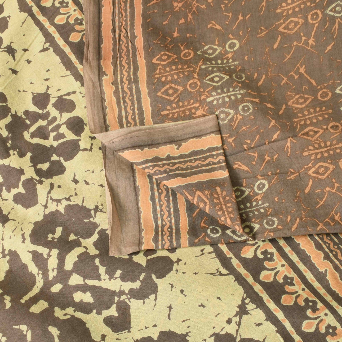 Sanskriti Vintage Saree Brown Pure Cotton Batik Abstract Print Sari 5+Yd Fabric