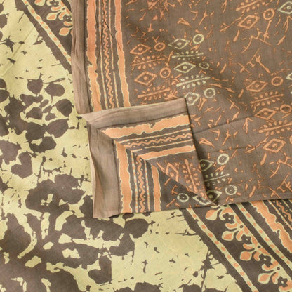 Sanskriti Vintage Saree Brown Pure Cotton Batik Abstract Print Sari 5+Yd Fabric