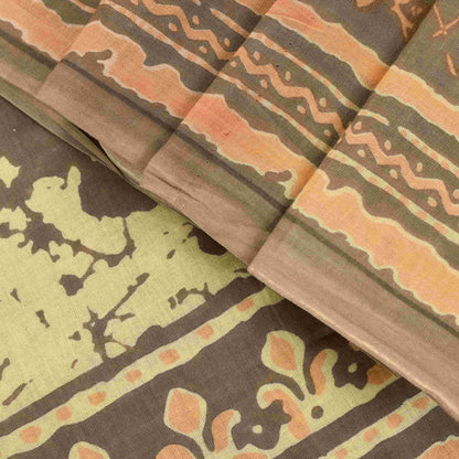 Sanskriti Vintage Saree Brown Pure Cotton Batik Abstract Print Sari 5+Yd Fabric