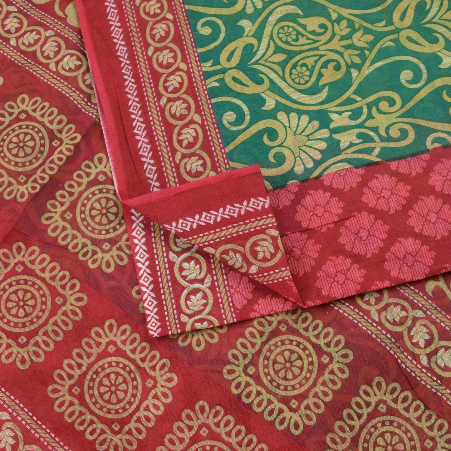 Sanskriti Vintage Saree Red-Green Pure Cotton Floral Rotary Printed Sari 5.5 Yd