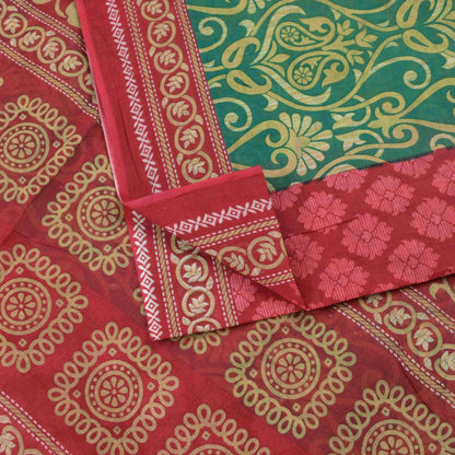 Sanskriti Vintage Saree Red-Green Pure Cotton Floral Rotary Printed Sari 5.5 Yd