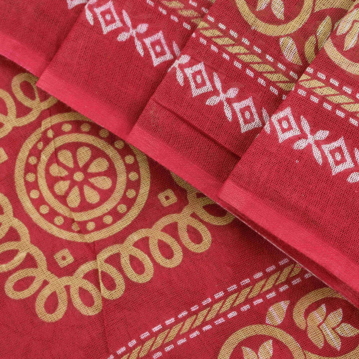 Sanskriti Vintage Saree Red-Green Pure Cotton Floral Rotary Printed Sari 5.5 Yd