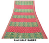 Sanskriti Vintage Saree Red-Green Pure Cotton Floral Rotary Printed Sari 5.5 Yd