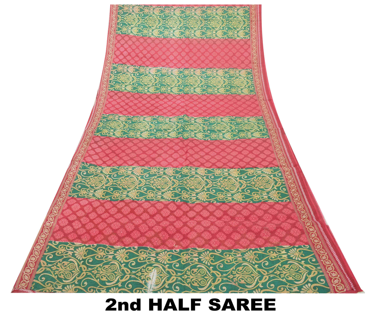 Sanskriti Vintage Saree Red-Green Pure Cotton Floral Rotary Printed Sari 5.5 Yd